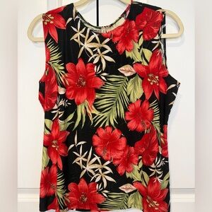Susan Lawrence XL Tropical Floral Sleeveless Blouse Made USA Black Red Hibiscus